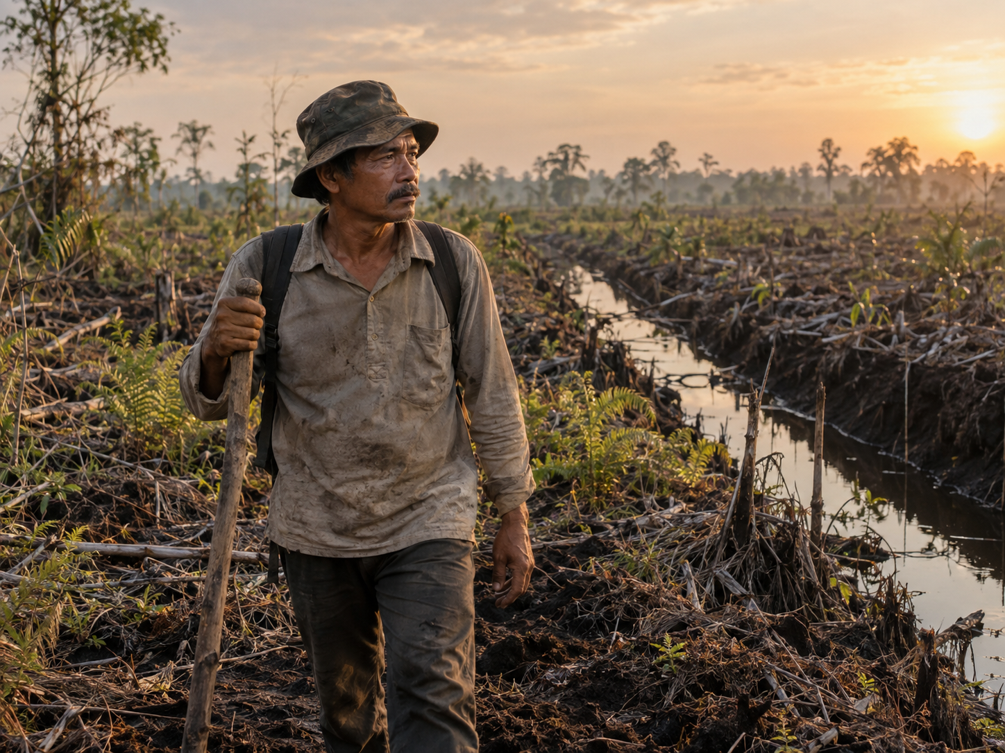 A man standing beside a drainage canal in cleared peatland