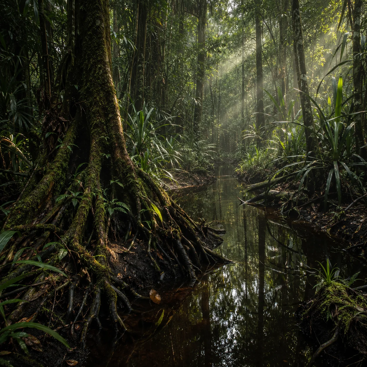 Sunlight through intact peat swamp forest with buttressed roots above dark water